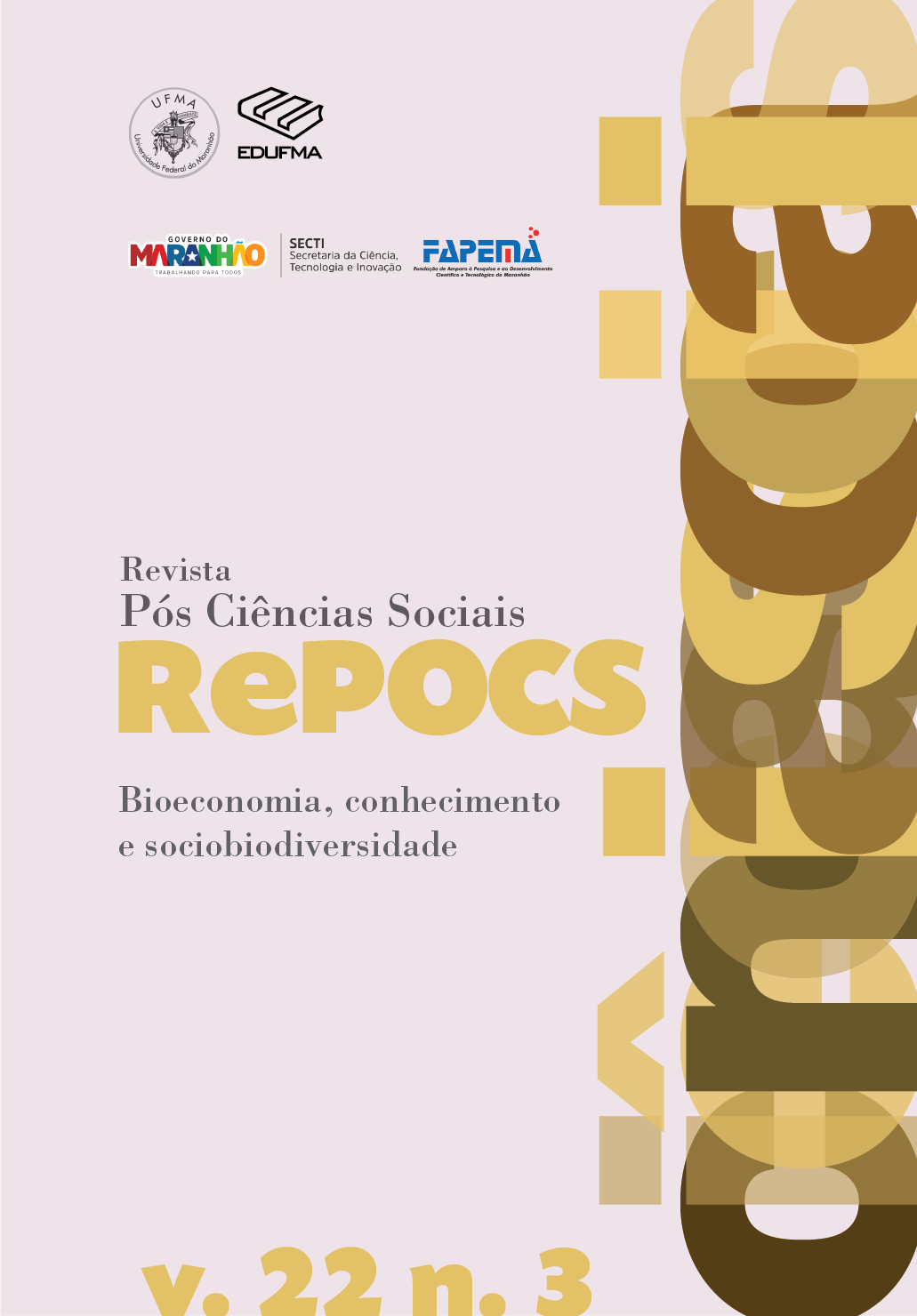 Capa da Revista Pós Ciências Sociais – REPOCS, volume 22, número 3, com o tema “Bioeconomia, conhecimento e sociobiodiversidade”.  A imagem apresenta fundo em tom bege claro. No canto superior esquerdo, estão as marcas da UFMA, EDUFMA, Governo do Maranhão, SECTI e FAPEMA. Ao centro esquerdo, aparecem os textos “Revista Pós Ciências Sociais” e o título “REPOCS” em letras grandes amarelas. Abaixo, está o tema da edição em cor cinza. Na lateral direita, há uma composição gráfica abstrata vertical formada por letras sobrepostas em tons de amarelo e marrom, compondo a frase “Ciências Sociais”. Na parte inferior, aparece a identificação “v. 22 n. 3”.